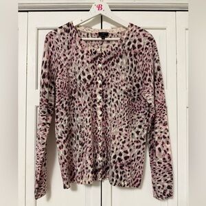 Talbots Petite Pure Merino Wool Button Up Animal Print Sweater Cardigan Large
